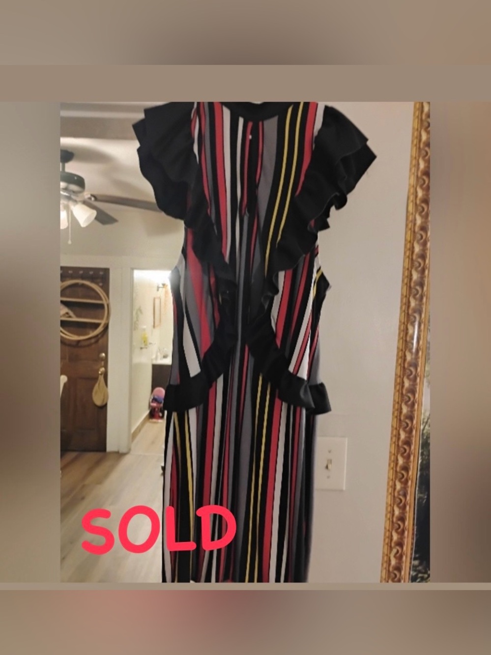 Susana Monaco Black Dress with Red, Yellow, White and Pink Stripes